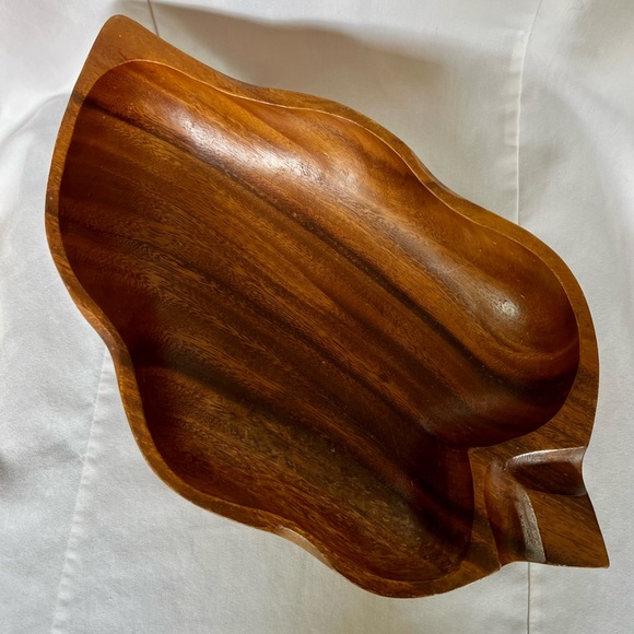 Carved Monkey Pod Wooden Leaf Shaped Bowl Vintage - Picture 2 of 10